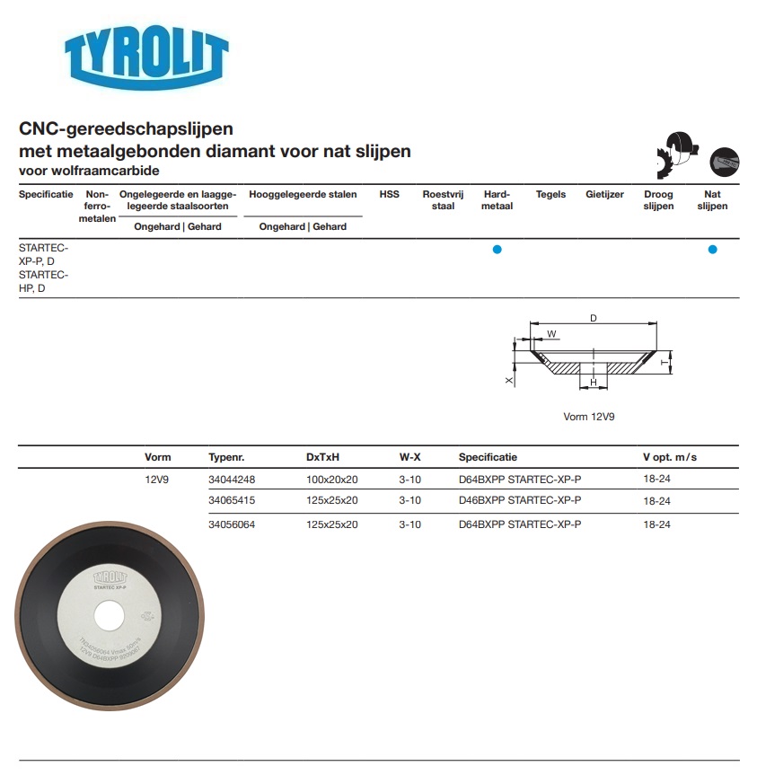 Metaalgebonden CBN slijpschijf voor CNC slijpen 12V9 100x20x20 D64BXPP STARTEC-XP-P