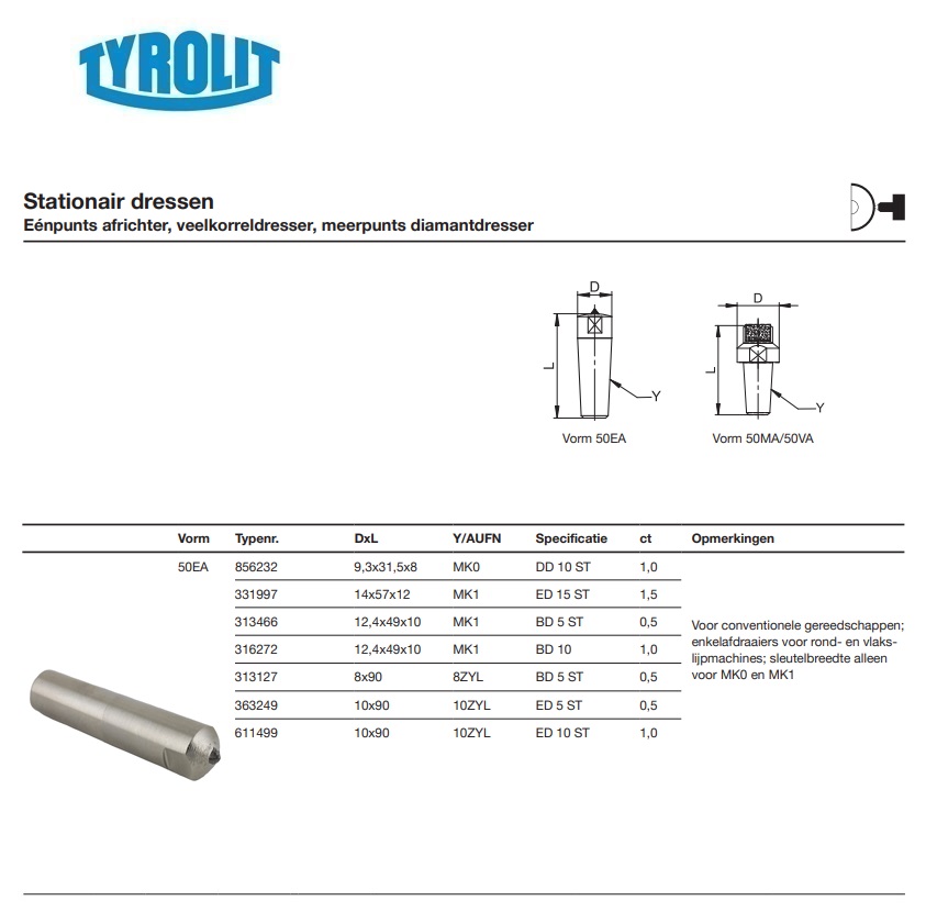 Eénpuntsdiamantdresser voor stationair dressen 50EA 9,3x31,5x8 DD 10 ST