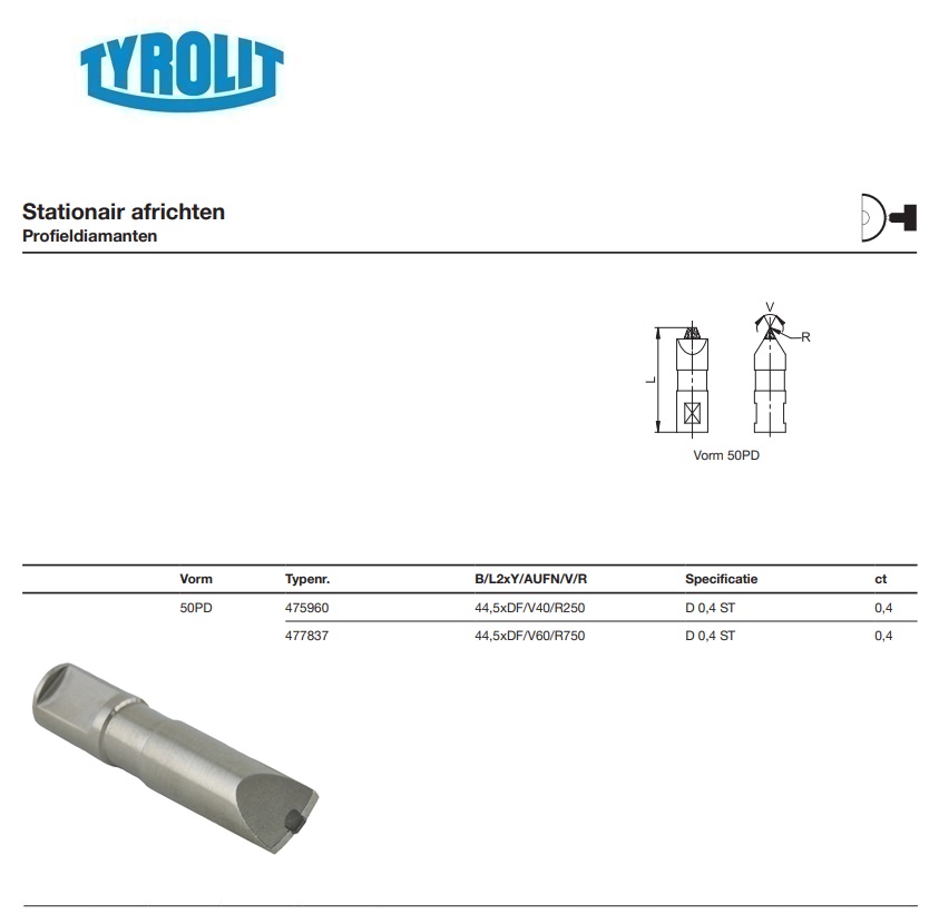 Diamant dresplaat voor stationair africhten 50PD 44,5xDF/V40/R250 D 0,4 ST