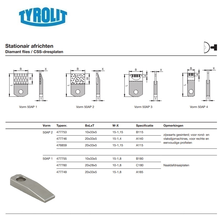 Diamant dresplaat voor stationair africhten 50AP 10,5x33x5 B115