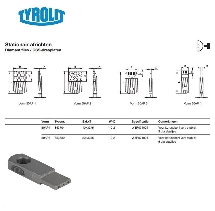 Diamant dresplaat voor stationair slijpen 50AP 10x33x5 W3R071004