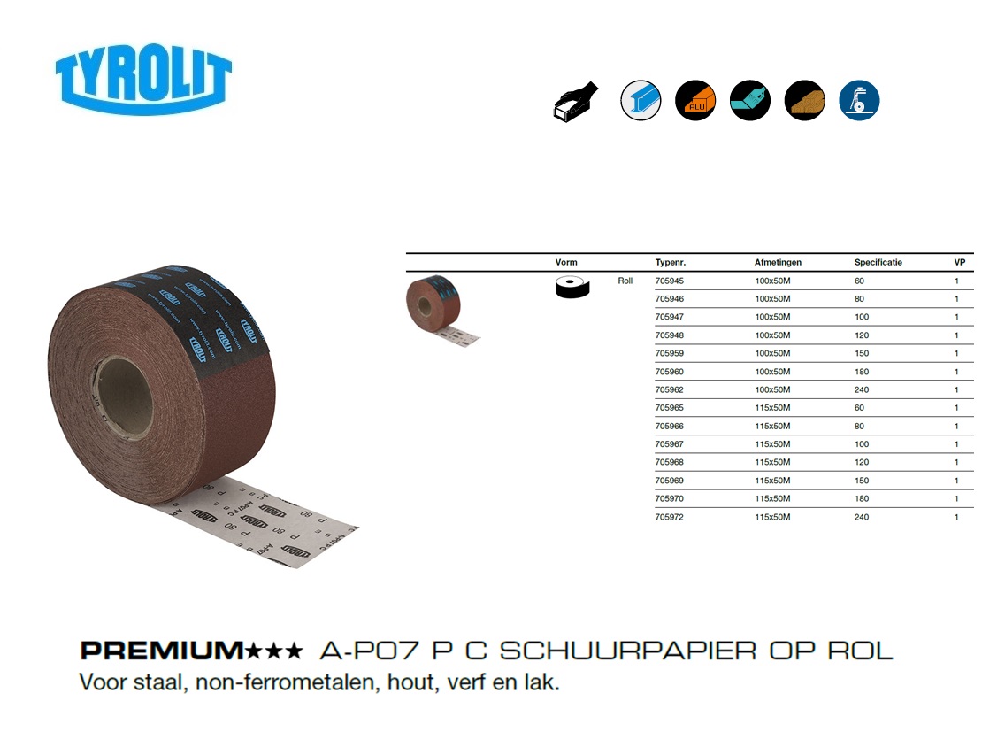 Schuurpapier op Rol 115x50M A240 B35 Tyrolit 705988 | DKMTools - DKM Tools