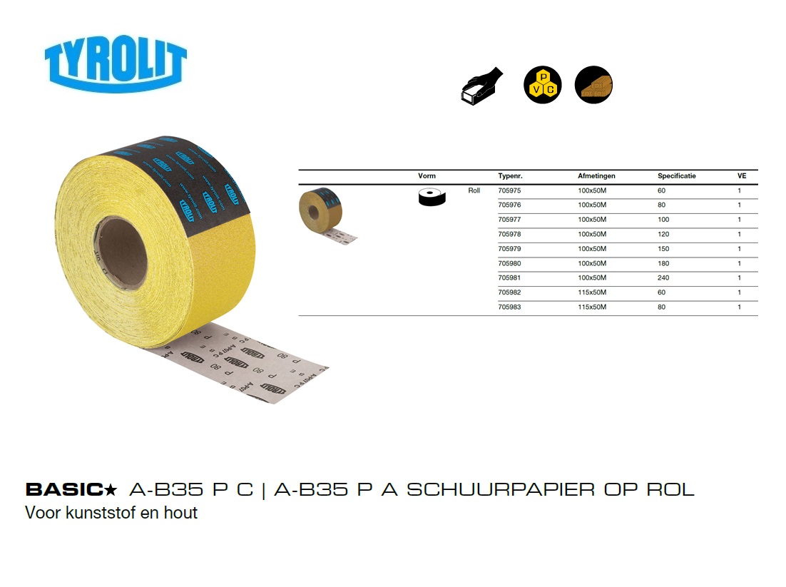 Schuurpapier op Rol 100x50M A60 B35 Tyrolit 705975