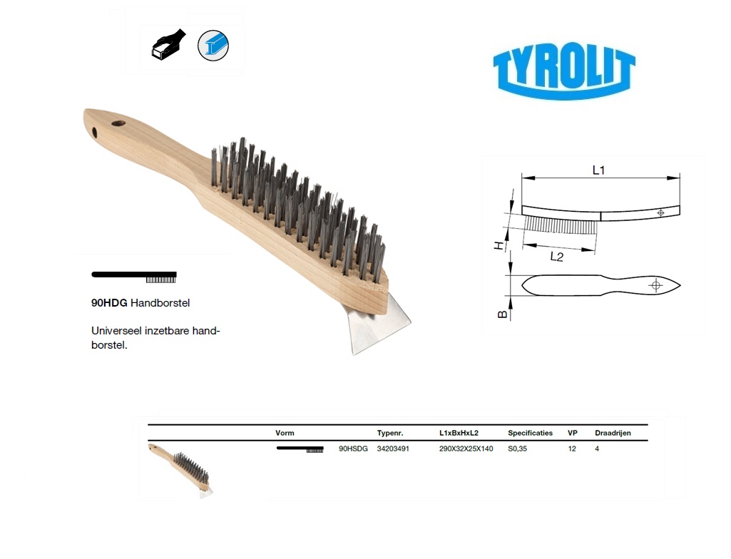 Staalborstel met krabber 90HSDG 290X32X25 Staal 4 draadrijen S0,35 Tyrolit 34203491