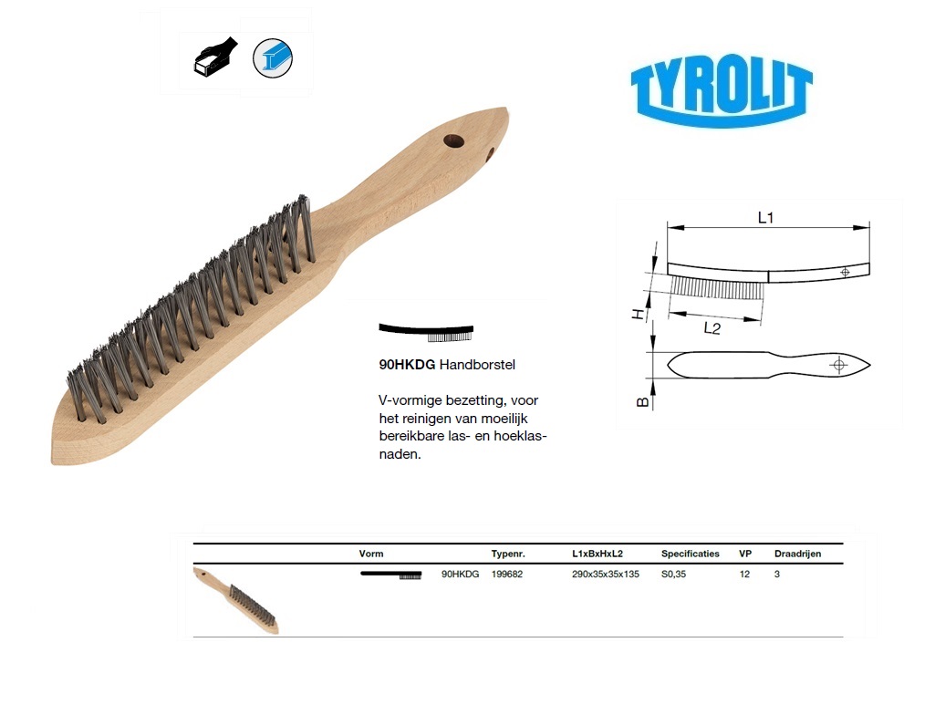Staalborstel voor hoeklasnaden 90HKDG 290x35x35 Staal 3 draadrijen S0,35 Tyrolit 199682