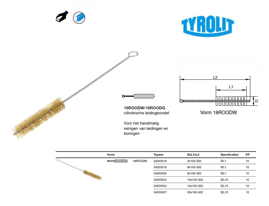 Cilindrische buisborstel 18ROODW 20x100-300 Non Ferrometalen M0,15 Tyrolit 34203544 | DKMTools - DKM Tools