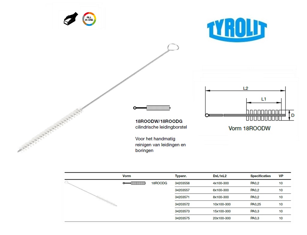Cilindrische buisborstel 18ROODG 4x100-300 Universel PA0,2 Tyrolit 34203556