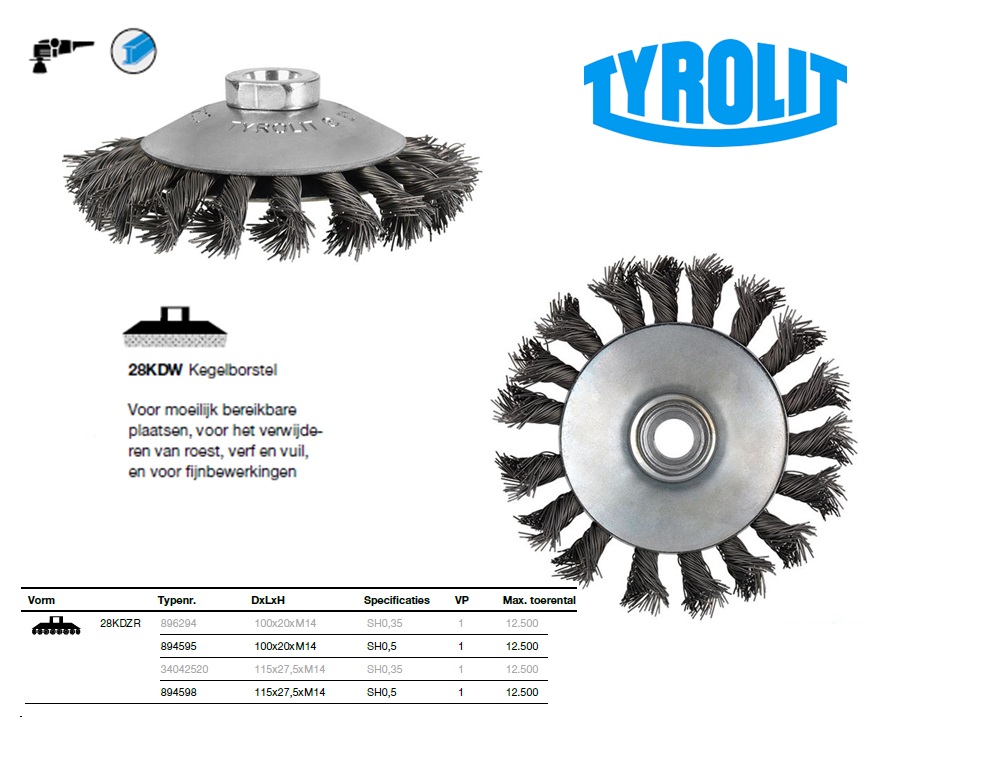 kegelborstel getordeerd 115x27,5xM14 E0,35INOX 28KDZR | DKMTools - DKM Tools