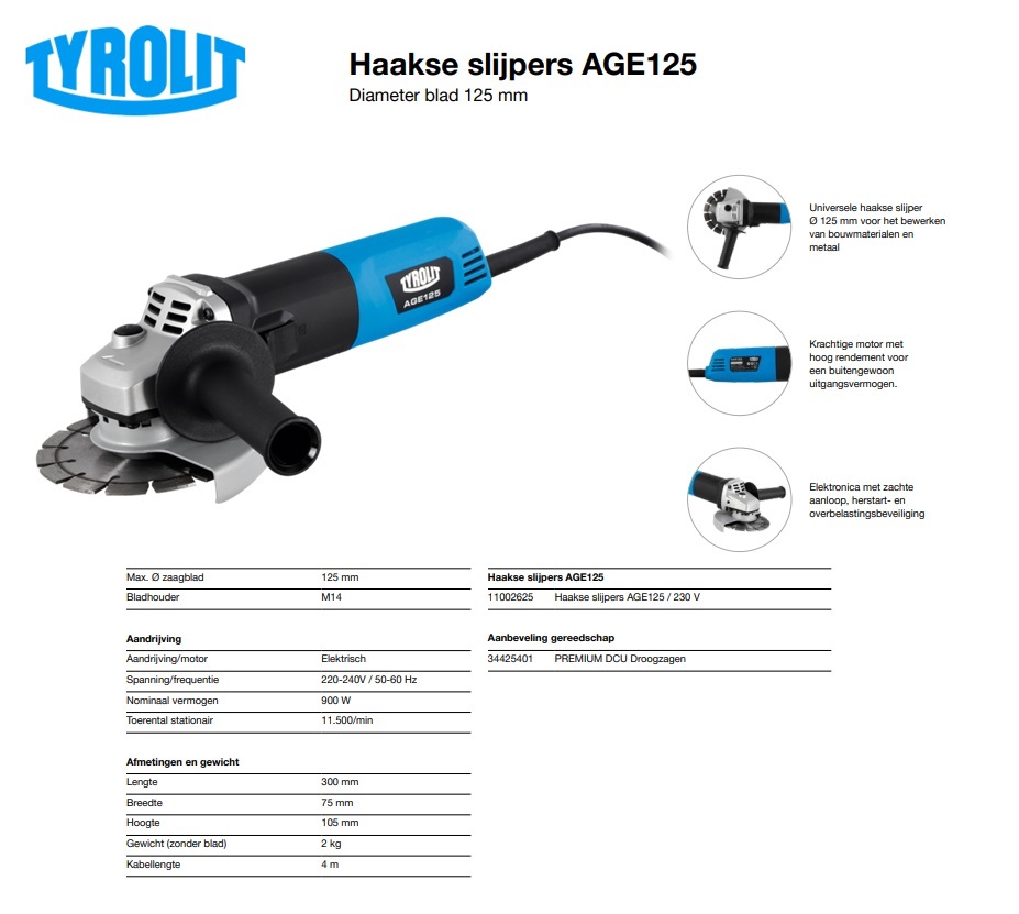 Haakse slijper AGE125 /1/125mm/900W/230V