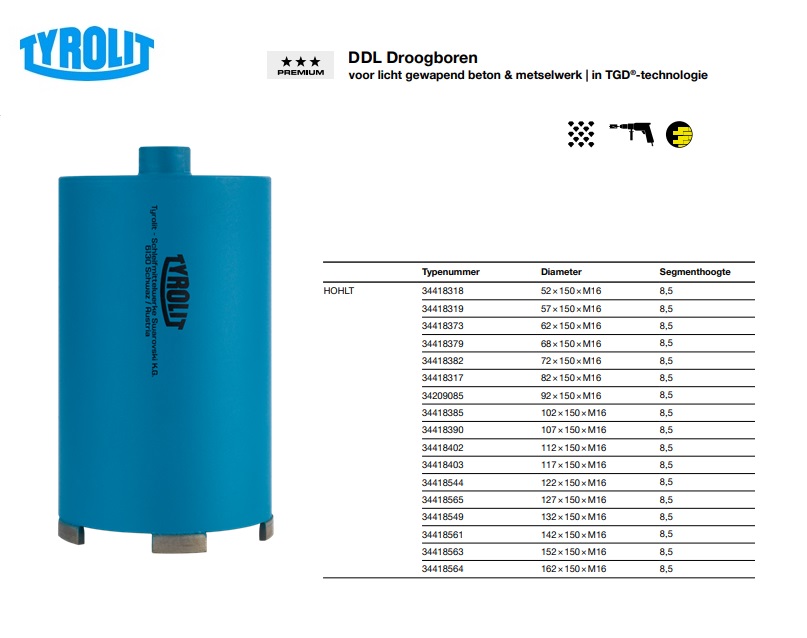 Diamant Droogboor HOHLT 52x150xM16 DDLP3