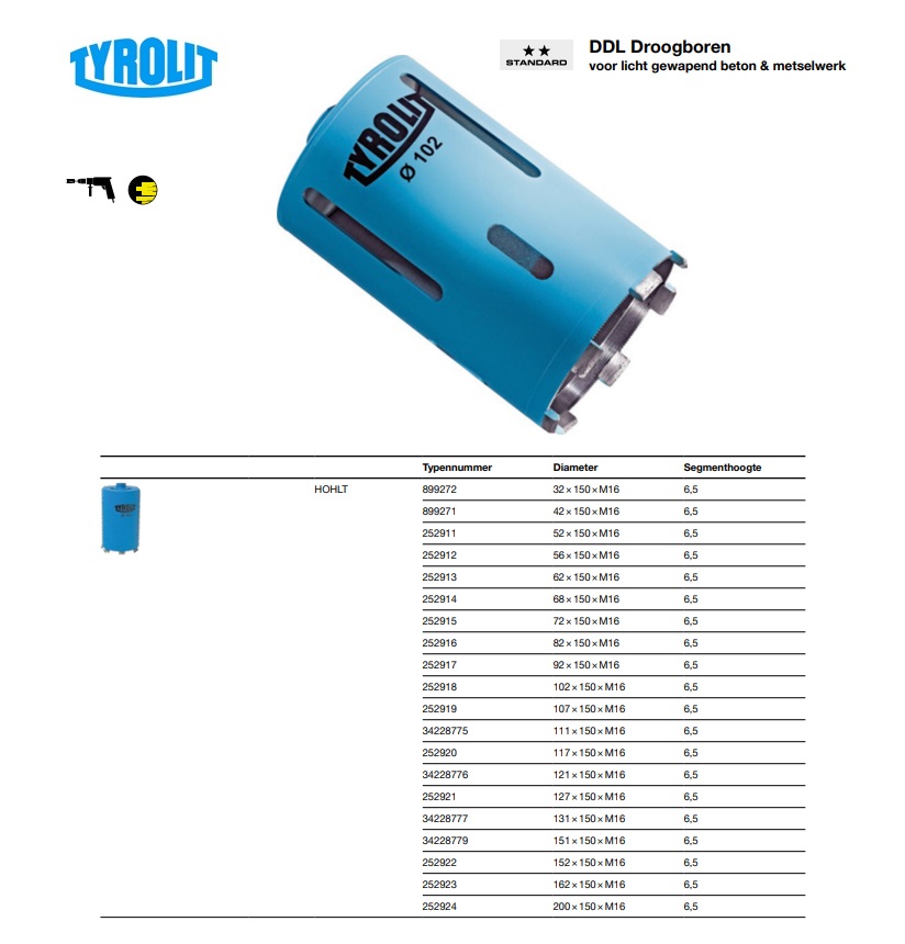 Diamant Droogboor HOHLT 32 150 M16 6,5
