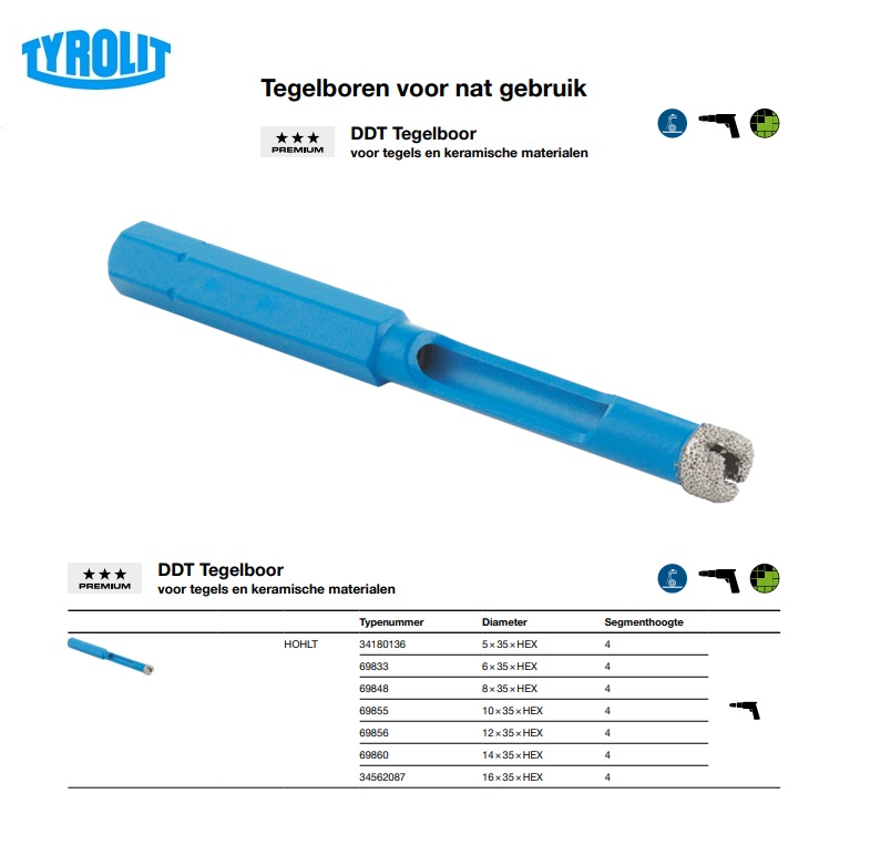 Tegelboor nat HOHLT 5x35xHEX 4 DDT