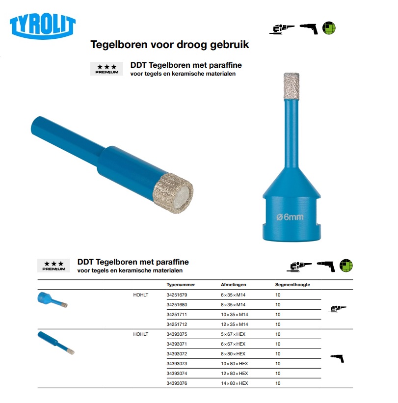 Tegelboor voor droog gebruik HOHLT 6x35xM14 4 DDT