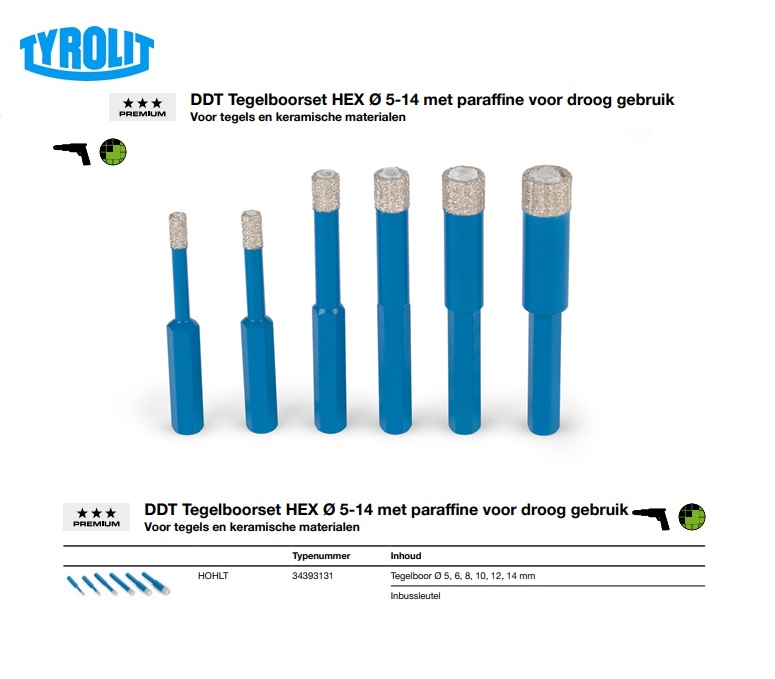 Tegelboorset voor droog gebruik HEX Ø 5-14 DDTP3