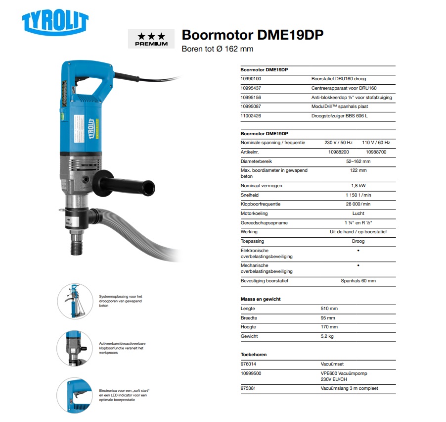 Droog Diamantboormachine DME19DP 1,8kW