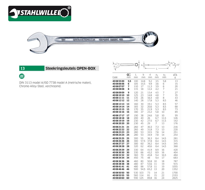 Stahlwille Steekringsleutel 13 SW 5,5mm L.100mm Form A