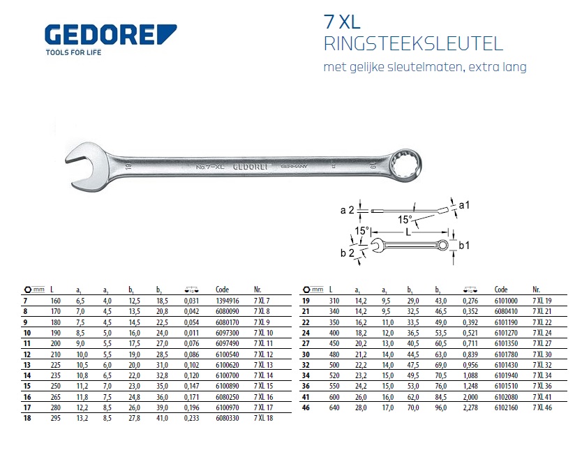 Ringsteeksleutel extra lang 7 XL 7mm Gedore 1394916