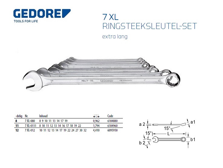 Ringsteeksleutelset extra lang 7 XL-080 8-19mm Gedore 6104880