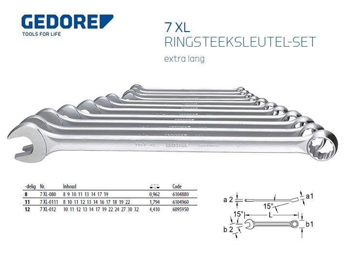 Ringsteeksleutelset extra lang 7 XL-0111 8-22mm Gedore 6104960