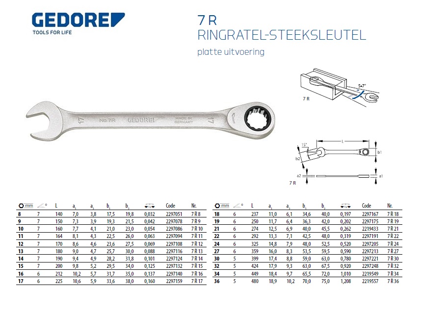 Gedore Ringratel-Steeksleutel 7R 8 mm L. 140 mm