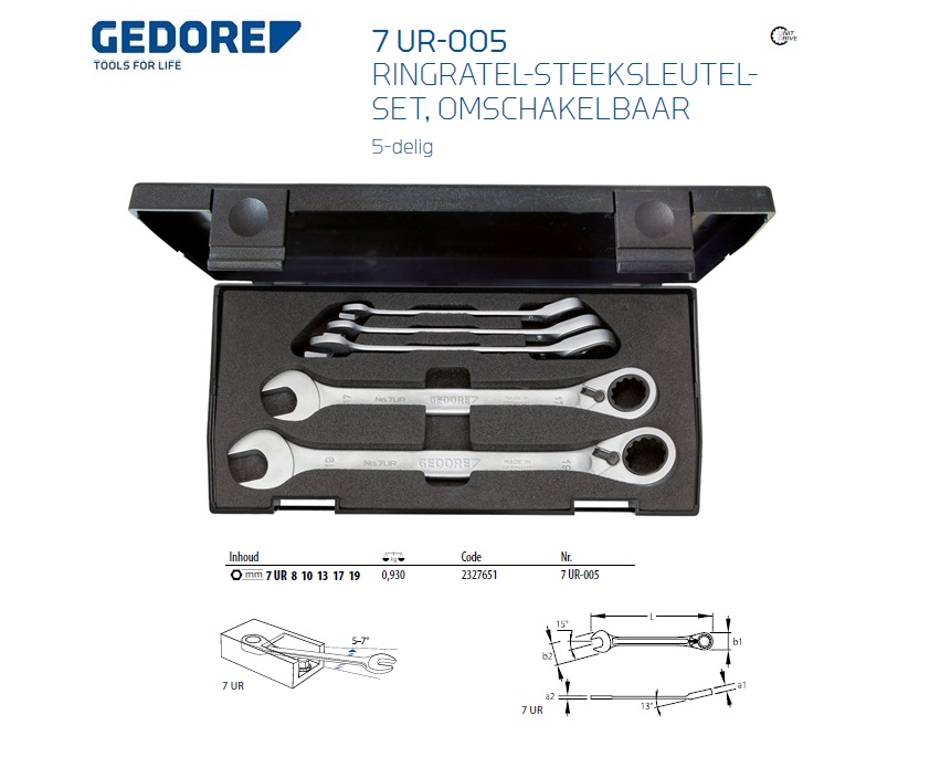 Gedore ringratel-steeksleutel set 7 UR 5 delig 8-19