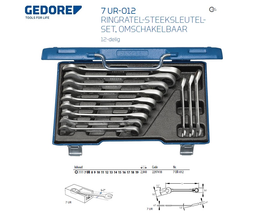 Gedore ringratel-steeksleutel set 7 UR-012 12tlg 8-19mm