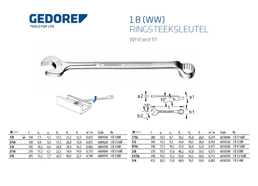 Whitworth Ringsteeksleutel 12-kant 3/8 W