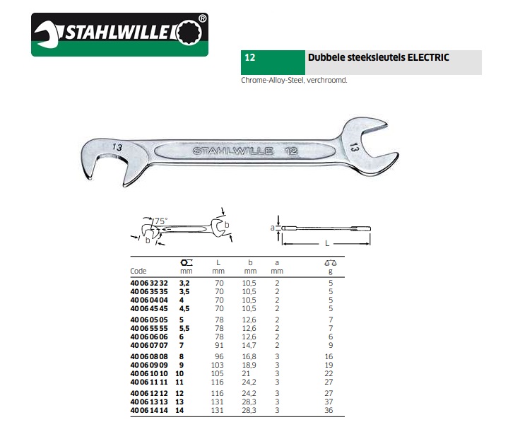 Stahlwille Electric Steeksleutel met 75° gebogen kop 4,0mm