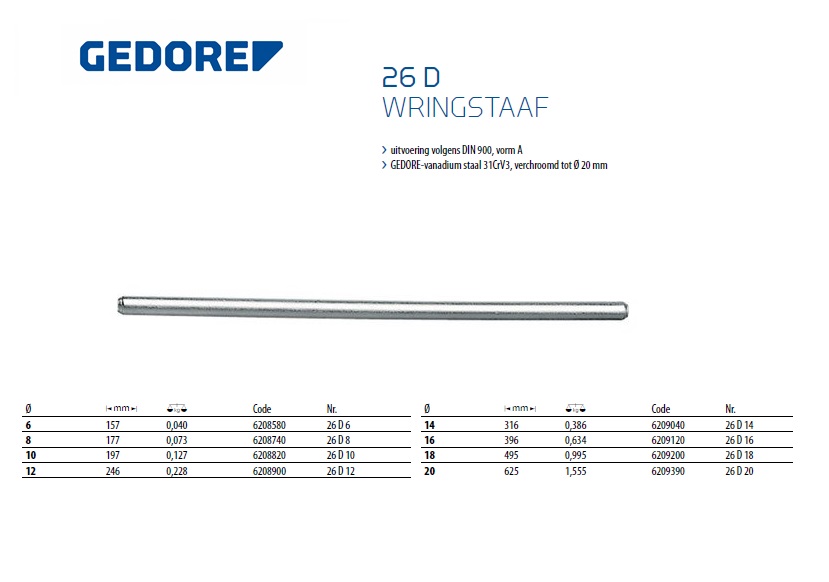 Wringstaaf 160x 6mm Gedore