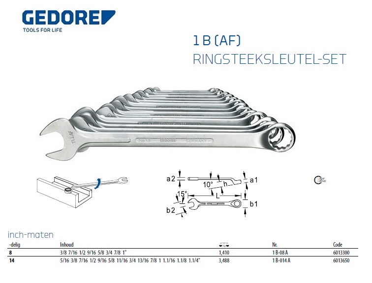 Ringsteeksleutel-set 1 B-014 A 14-dlg 5/16-1.1/4