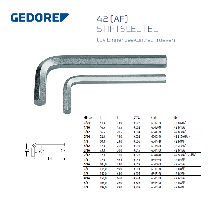 Haakse stiftsleutel 42 1/16AF