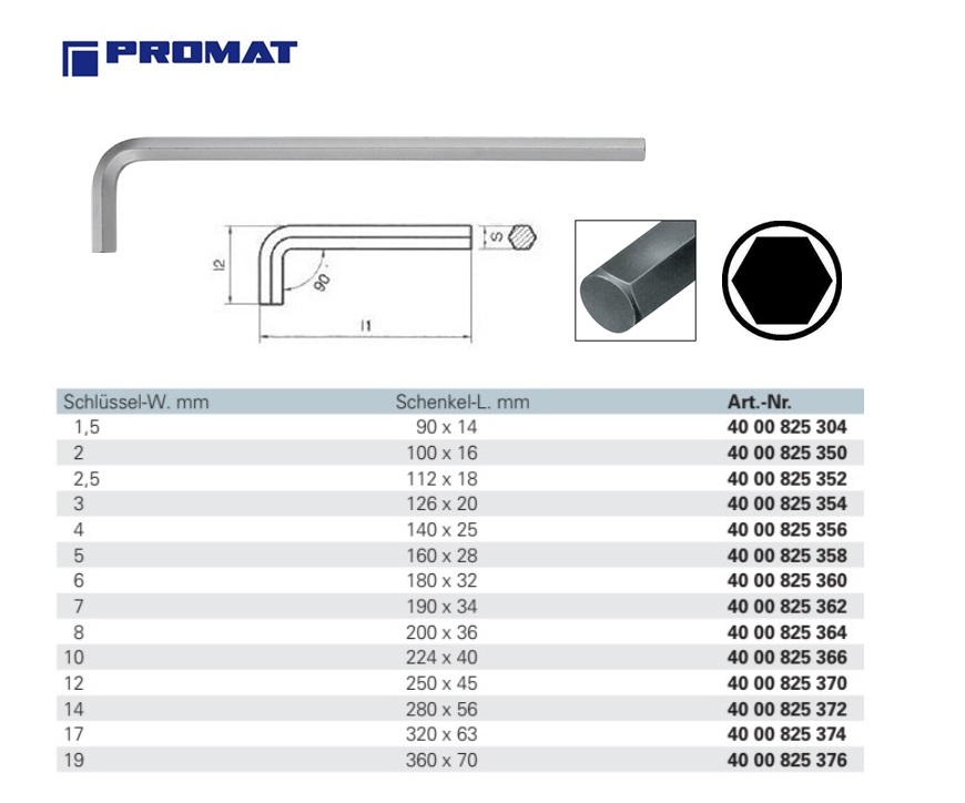 Inbussleutel lang DIN ISO 2936 L 6 kant 1,5mm 90/14 Promat 4000825304