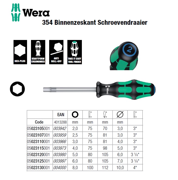 Wera 354 Binnenzeskant Schroevendraaier 6KT 2,0mm