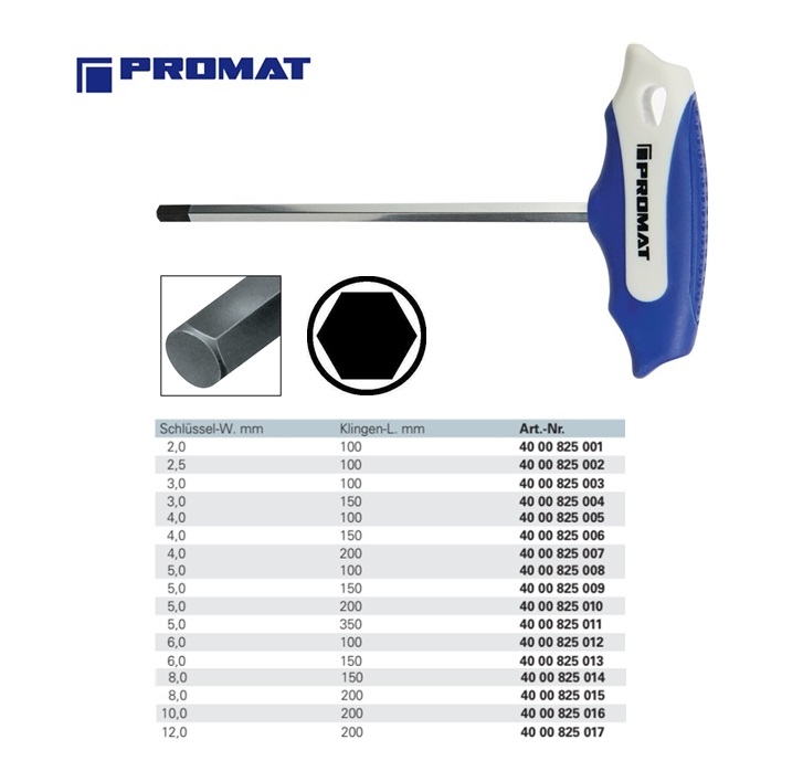 Zeskant-stiftsleutel met T-handgreep 2,0 x 100 mm