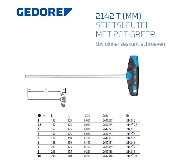 Stiftsleutel met 2C-T-greep 2 mm