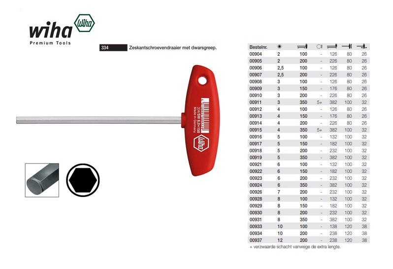 Wiha 334 Zeskantschroevendraaier met dwarsgreep 2x100mm L.126mm