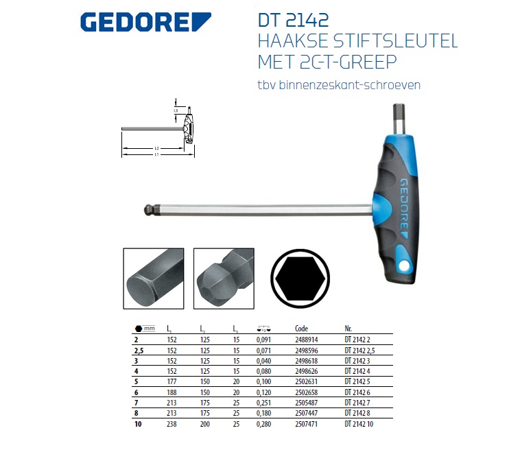 Stiftsleutelset met 2C-T-greep in 2/4 CT module, 6-dlg Gedore 2016559 | DKMTools - DKM Tools