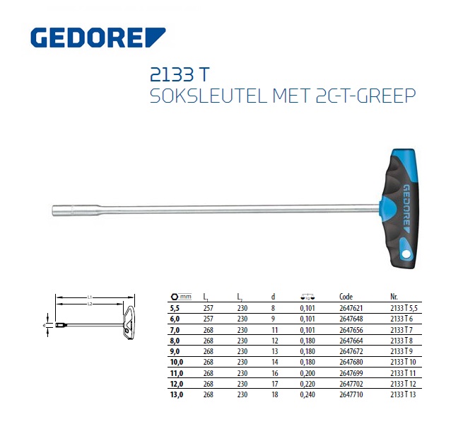 Soksleutel met 2C-T-greep 5,5 mm