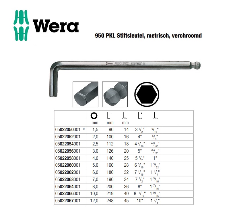 Wera 950 PKL Inbussleutel Zeskant-kogelkop aan lange zijde 1.5mm