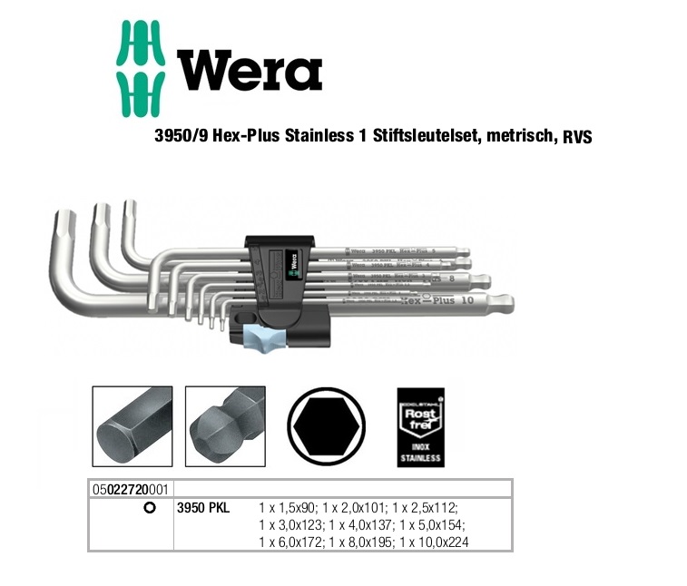 Wera 3950 PKL Inbussleutelset rvs 1.5-10mm 9 delig