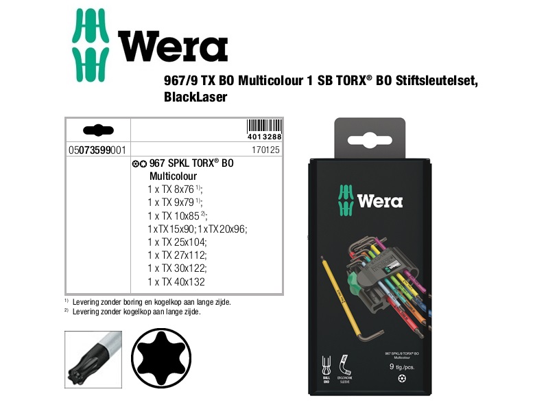 Wera 967 SPKL TORX BO Inbussleutelset kleurcode 9 delig kleurcode