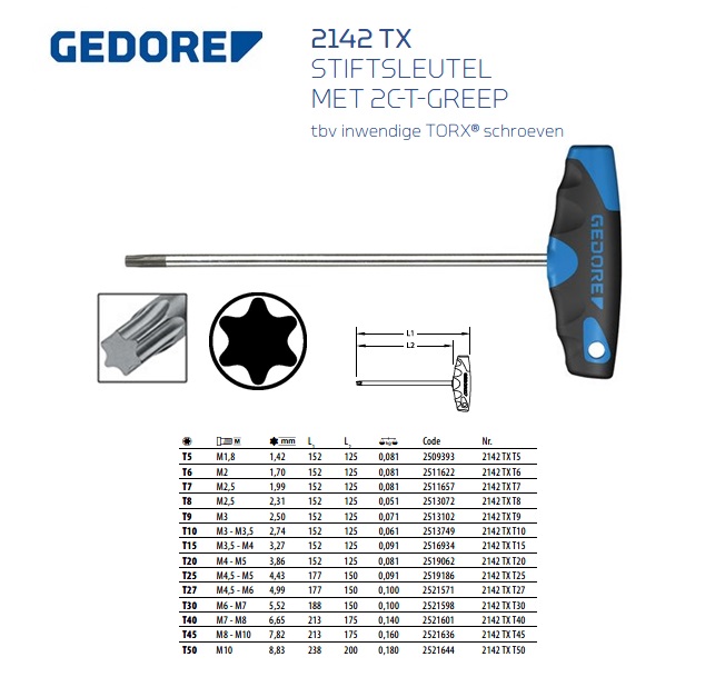 Stiftsleutel met 2C-T-greep inwendige TORX T5