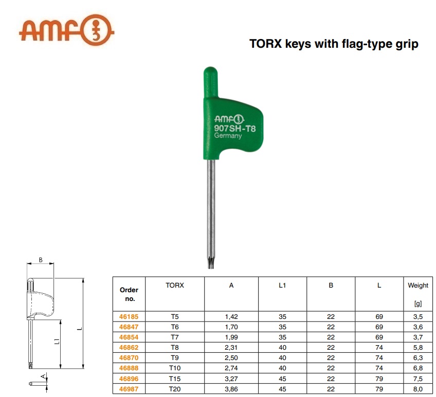 Inbussleutel TORX vlaggengreep T5 1,42