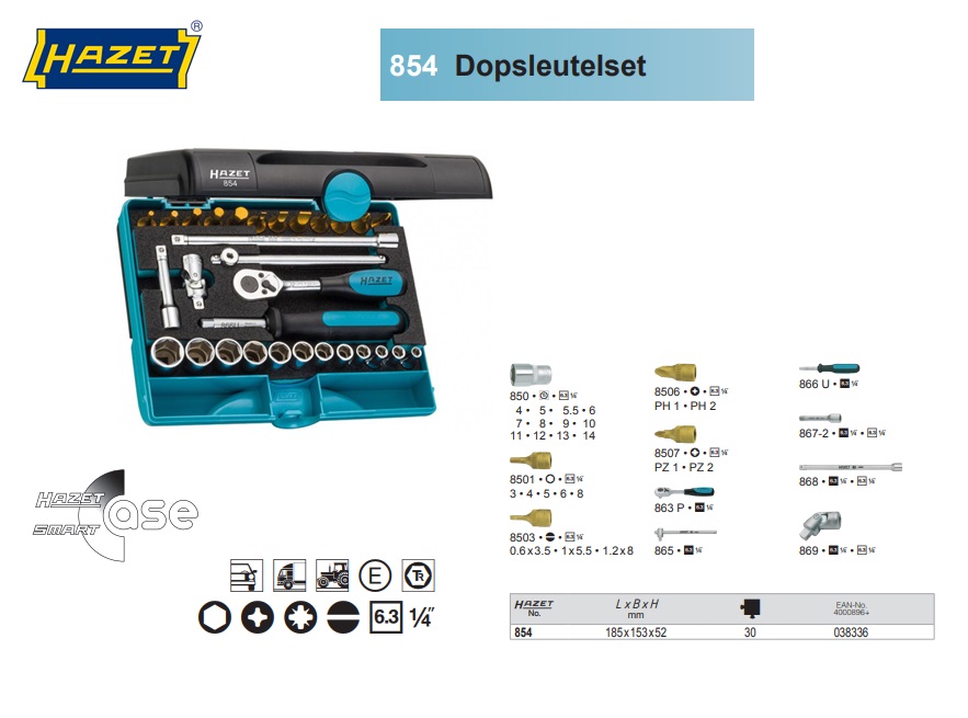 Hazet 854 Dopsleutelset 1/4”, 30-delig