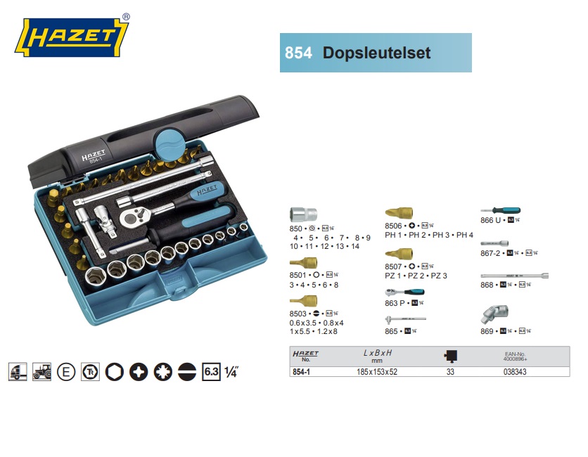 Hazet 854-1 Dopsleutelset 1/4”, 33-delig