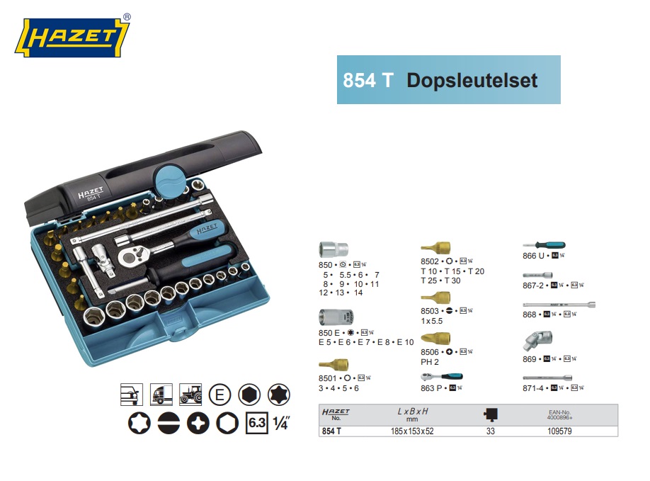 Hazet 854T Dopsleutelset 1/4”, 33-delig