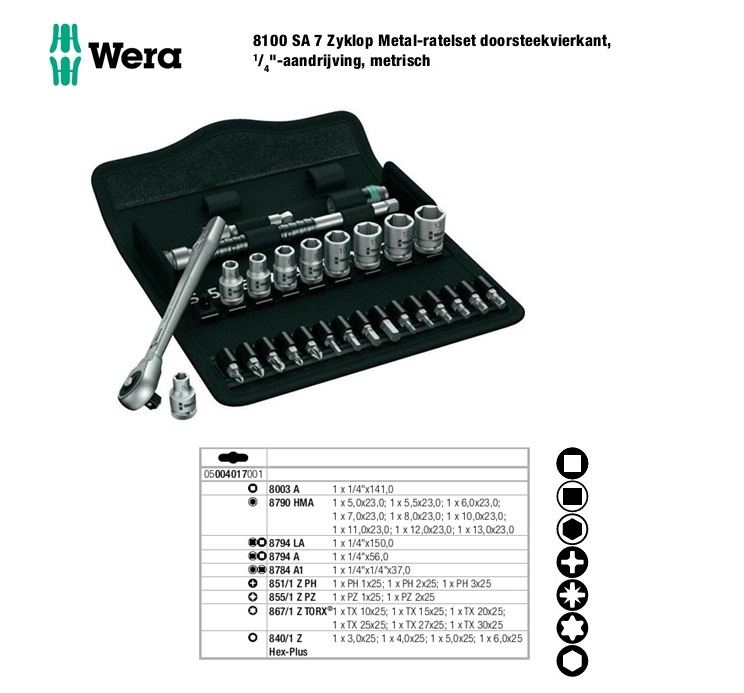 Wera 8100 SA 7 Dopsleutelset ZYKLOP 1/4”, 28-delig