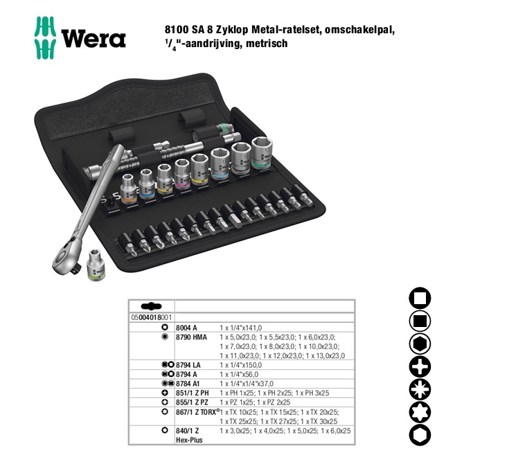 Wera 8100 SA 8 Dopsleutelset ZYKLOP 1/4”, 28-delig