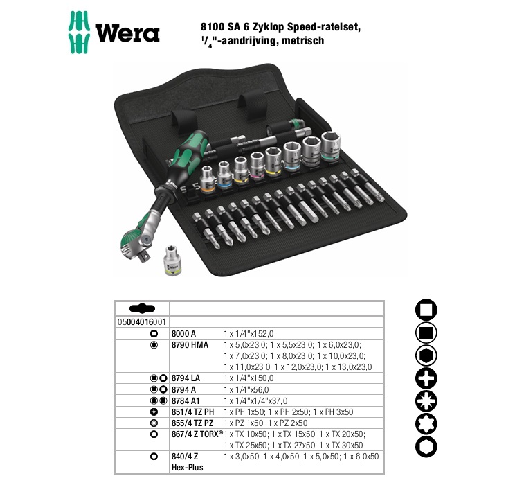 Wera 8100 SA 6 Dopsleutelset ZYKLOP 1/4”, 28-delig