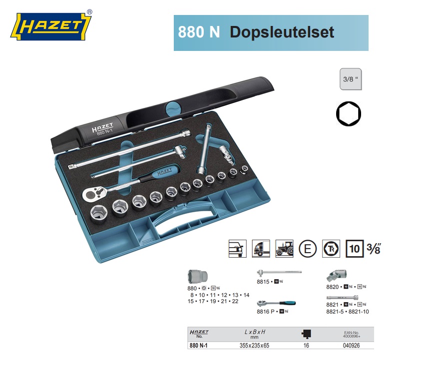 Hazet 880 N-1 Dopsleutelset 3/8” 16delig